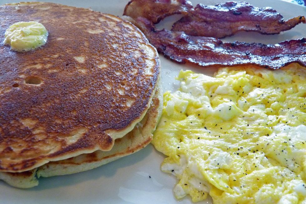Sylvia's Enchilada Kitchen pancakes with eggs and bacon August 2013