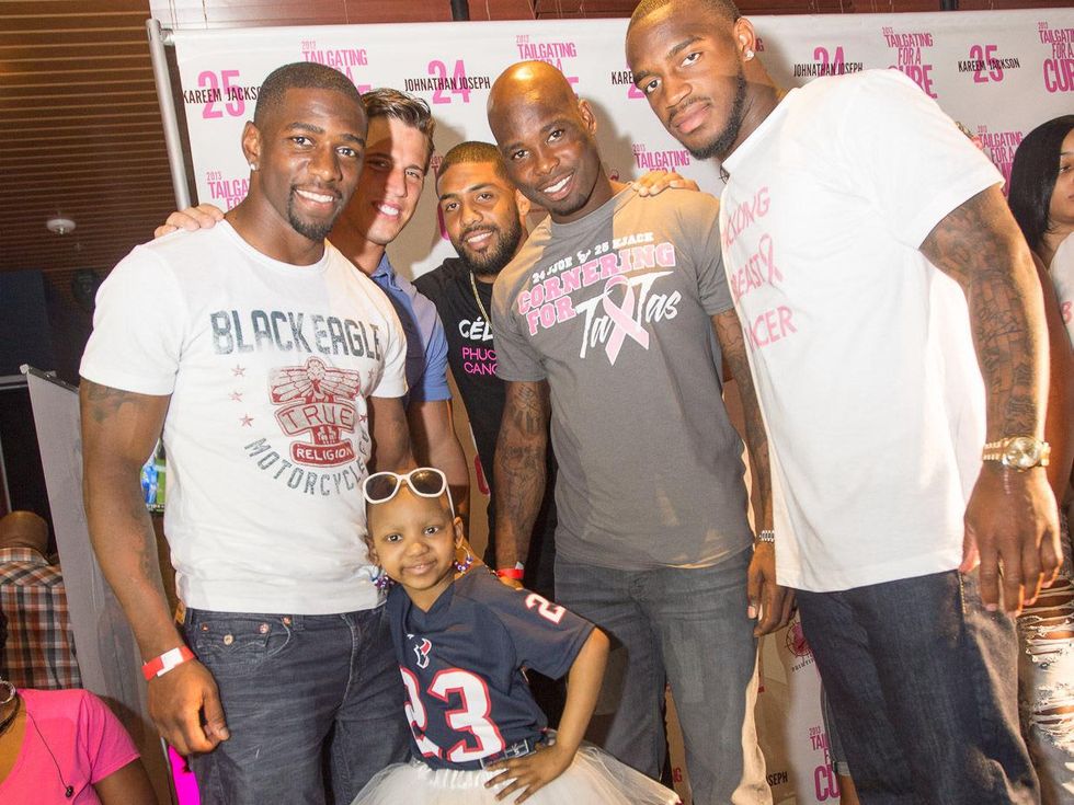 Tailgating for a Cure hosted by Houston Texans Johnathan Joseph and Kareem Jackson October 2013 Kyssi Andrews with Brice McClain, Brian Cushing, Arian Foster, Johnathan Joseph and Kareem Jackson