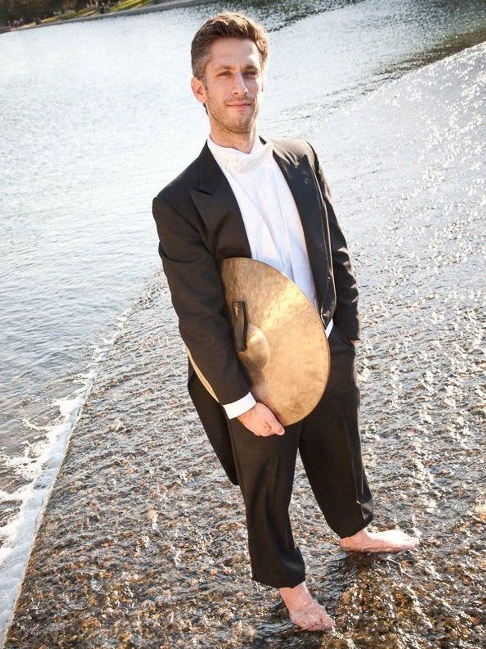 Texas Music Festival season announcement, April 2013, percussion Matt Strauss barefoot