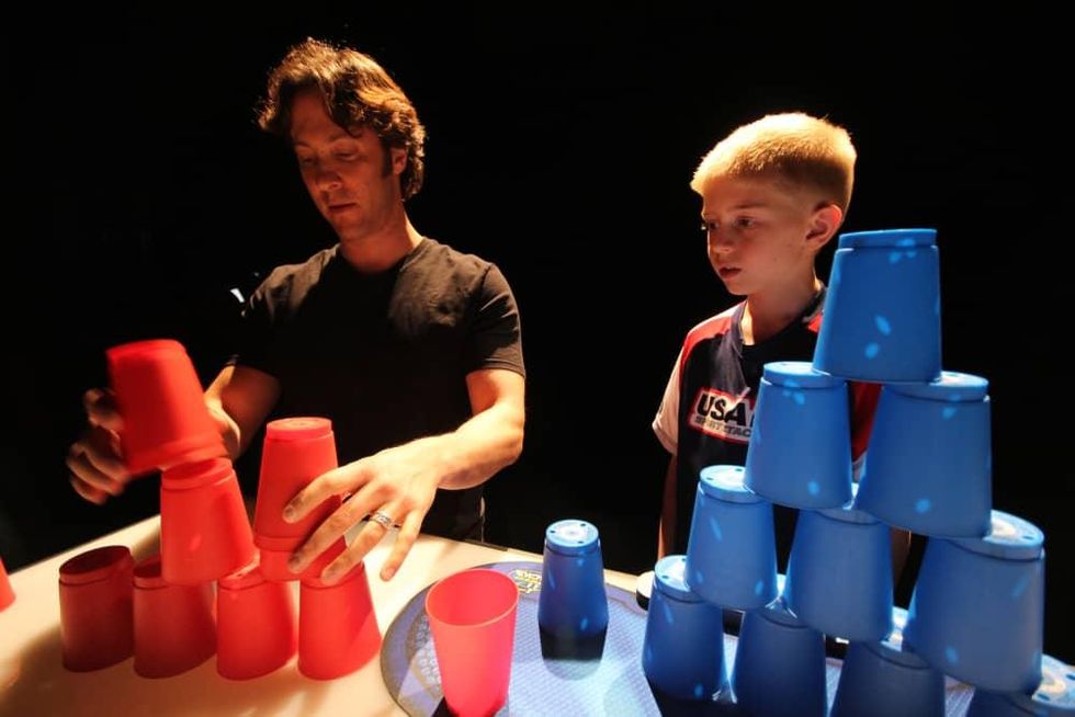 The Brain series David Eagleman cupstacking with under 10 world champion cupstacker Austin Naber