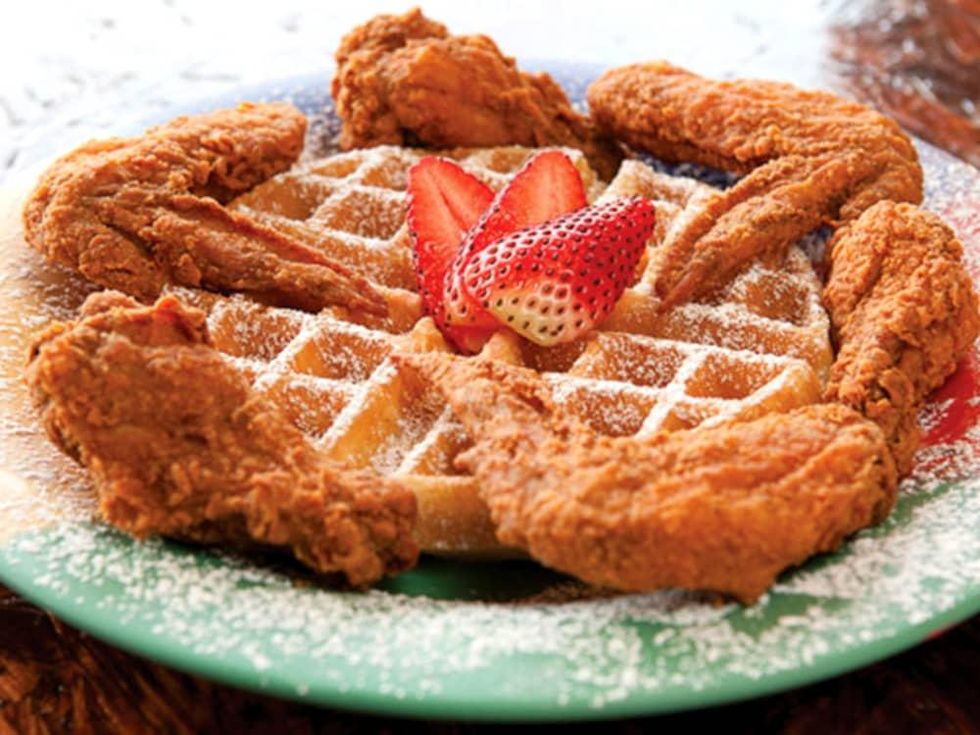 The Breakfast Klub fried eggs, fried catfish, grits and toast