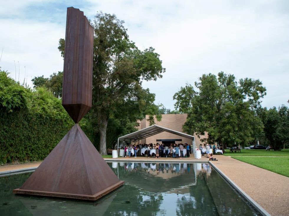 The Broken Obelisk and the crowd at lunch at Love Your Enemies seminar with Robert Thurman at Rothko Chapel October 2014
