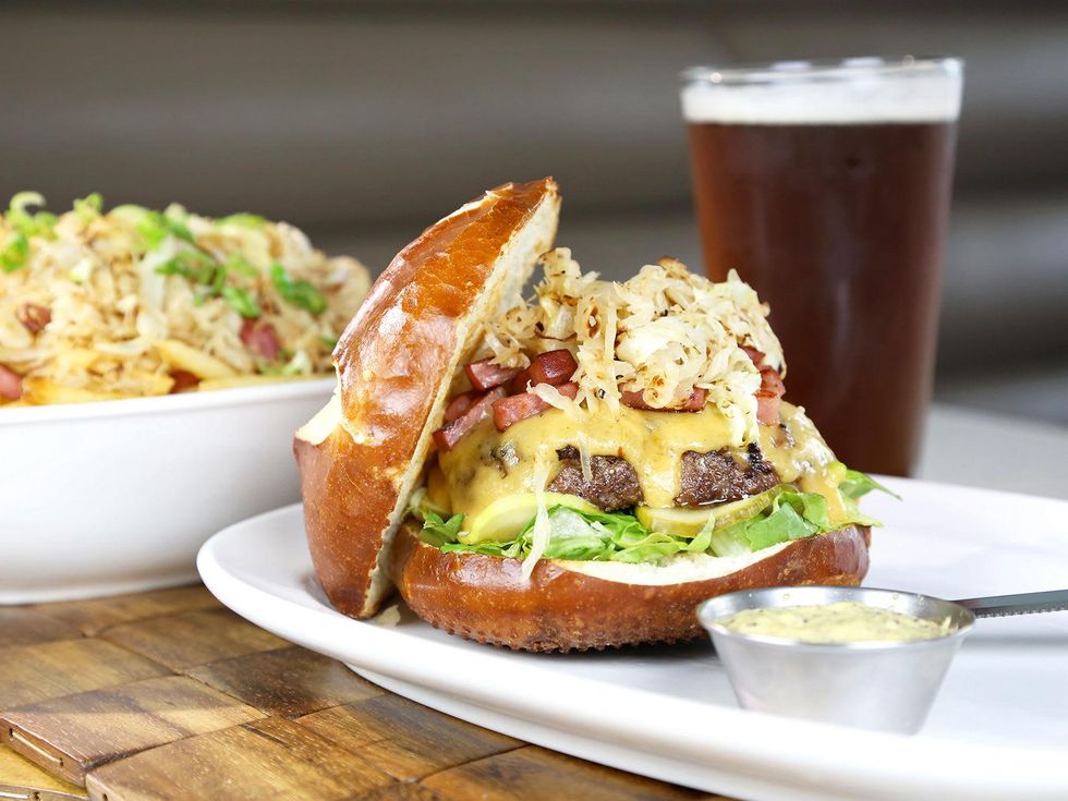 The Counter Oktoberfest hamburger, fries and beer