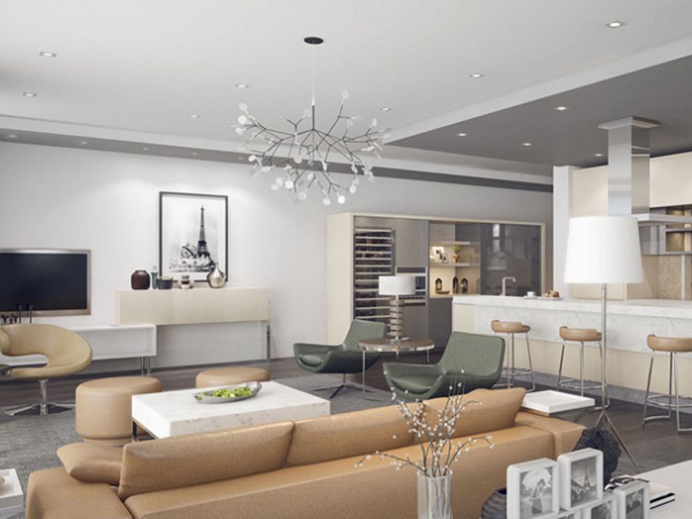 The Monroe at Bayou Park living area with hardwood flooring and quartz countertops