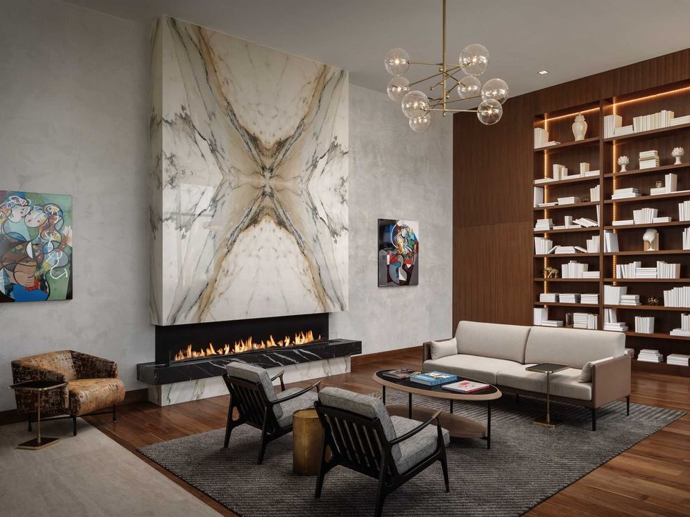 Thompson Hotel Houston library fireplace