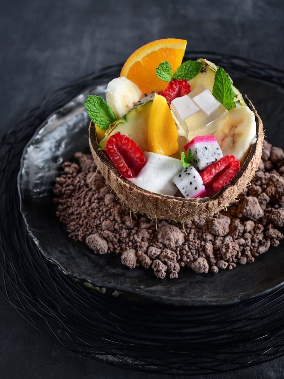 Traveler's Table coconut jelly with tropical fruit