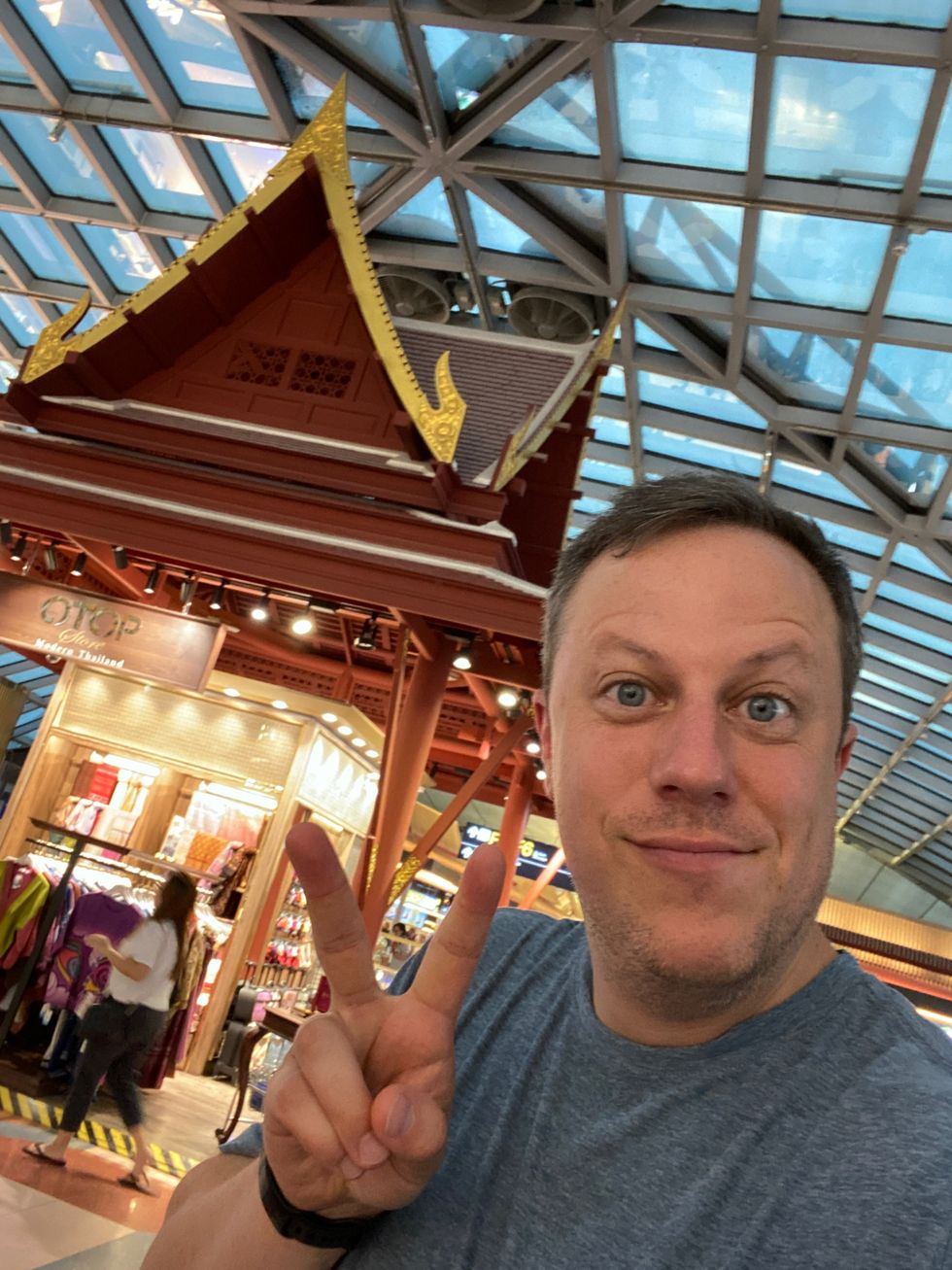 Trevor Boffone in the Bangkok airport.