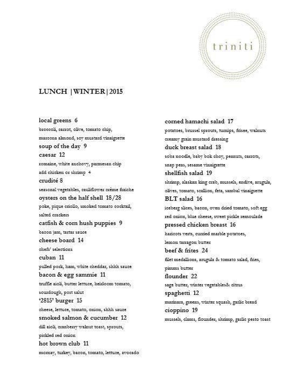 Triniti lunch menu winter 2015