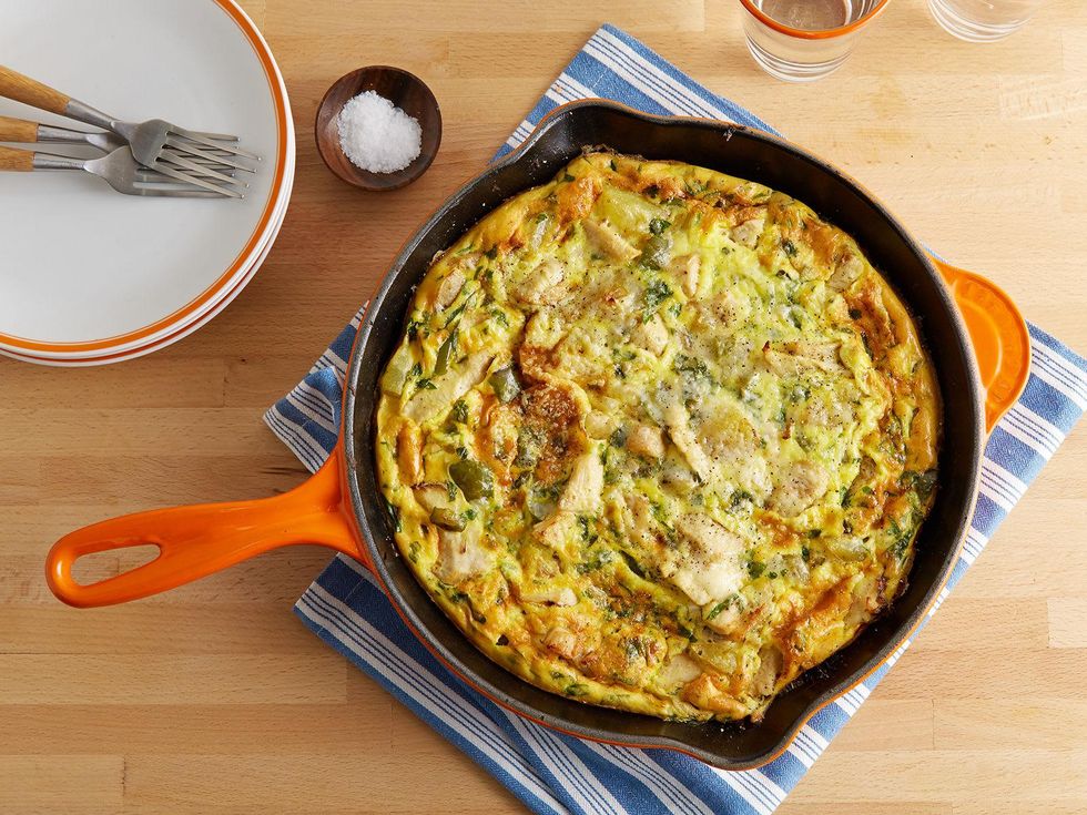 turkey and dressing stuffing frittata in a skillet