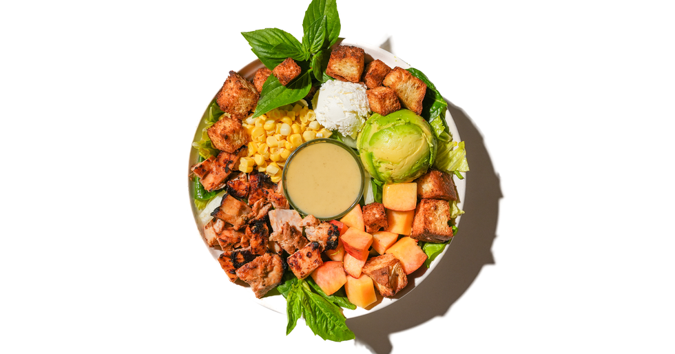 \u200bLeaf and Grain's peach panzanella salad
