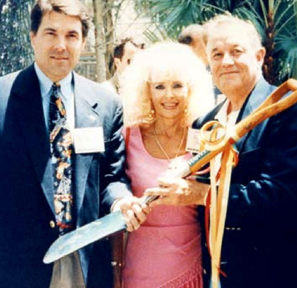 \u200bRick Perry, Ann Moody, and Robert L. Moody at Moody Gardens for the dedication of the rainforest glass pyramid, August 1992.