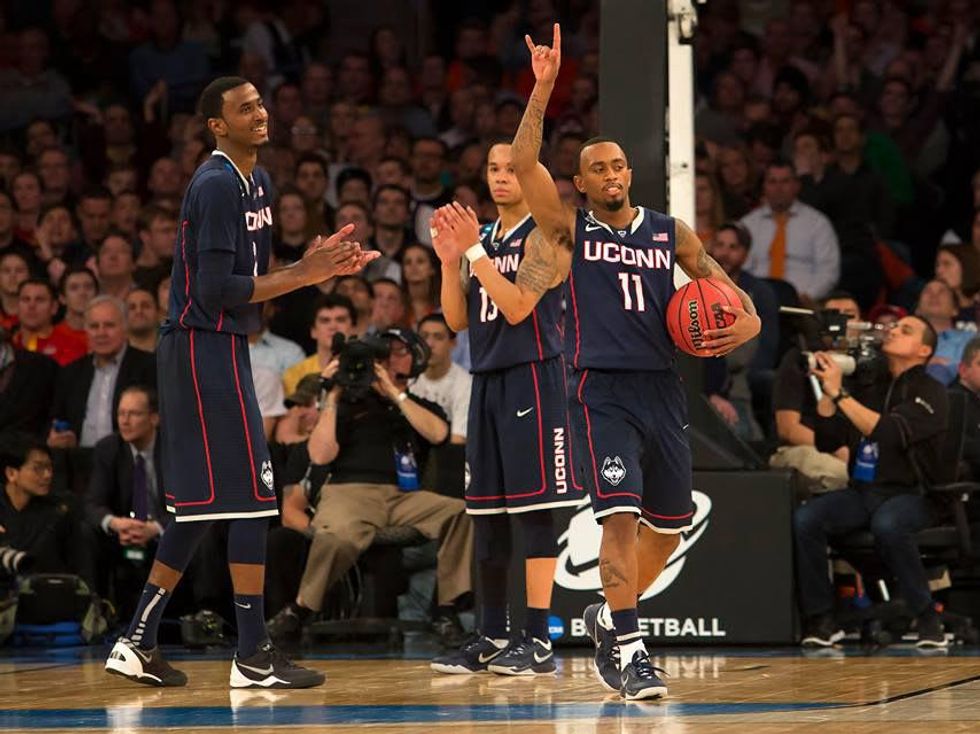 UConn players celebrate a big win