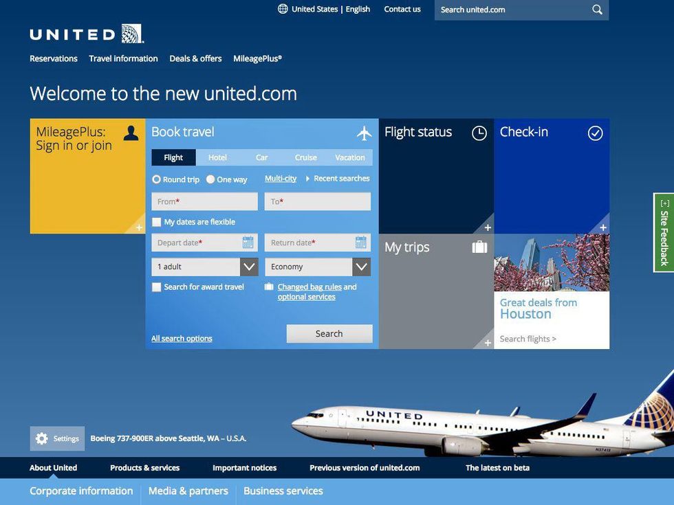 United Airlines beta site homepage