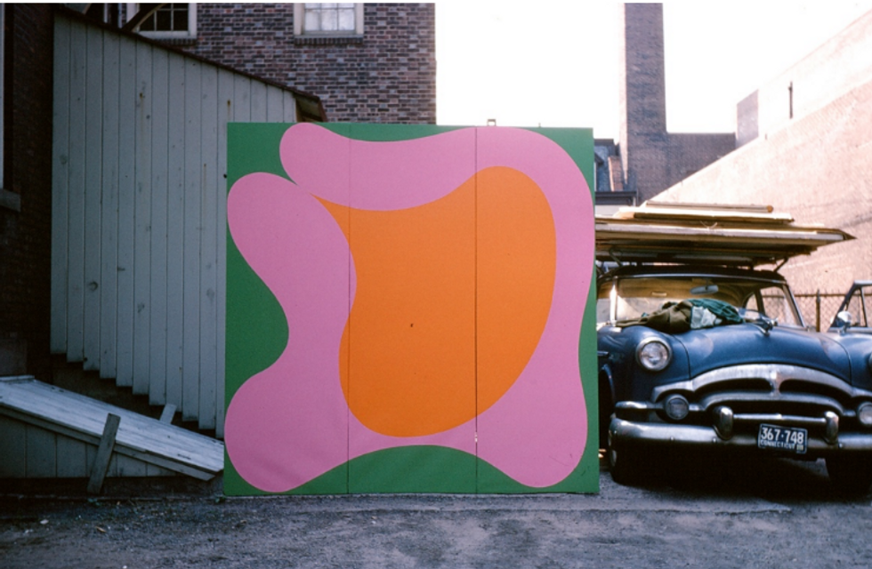 Untitled, 1964, acrylic on canvas (triptych), 90x90 inches with Dan Gorski's car