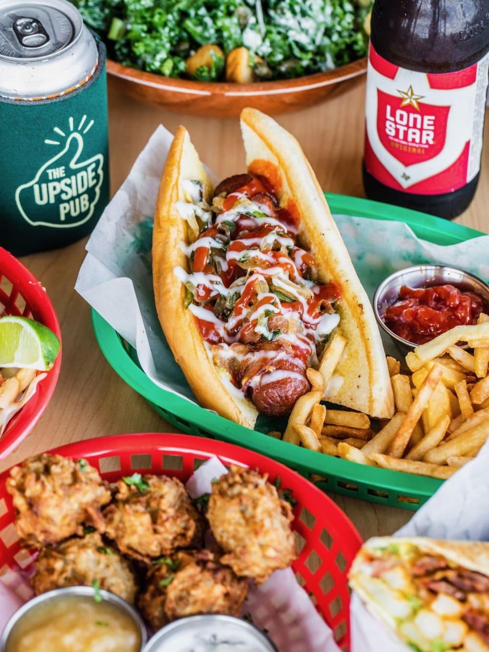 Upside Pub brisket hot dog