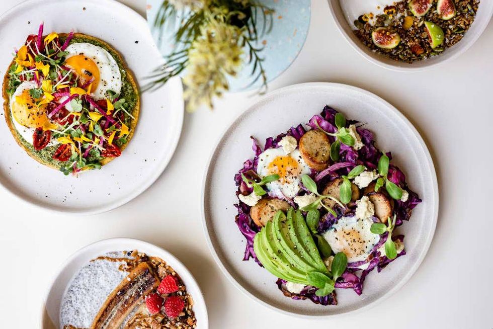Vibrant Breakfast Breakfast Socca, Baked Egg Skillet, Coconut Chia Pudding, Yogurt Bowl