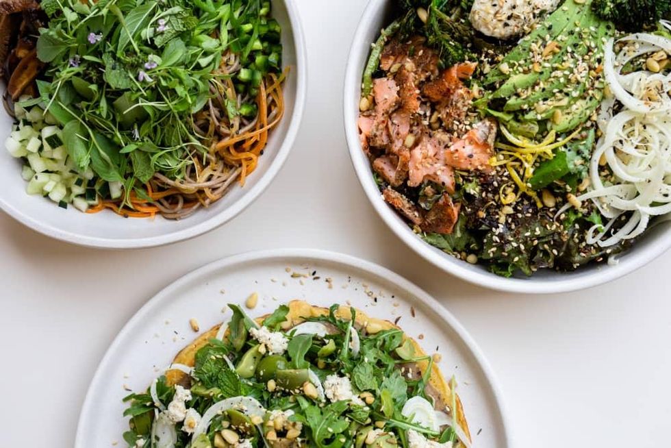 Vibrant Lunch Soba Noodle Salad, Salmon Rice Bowl, Za'atar Socca