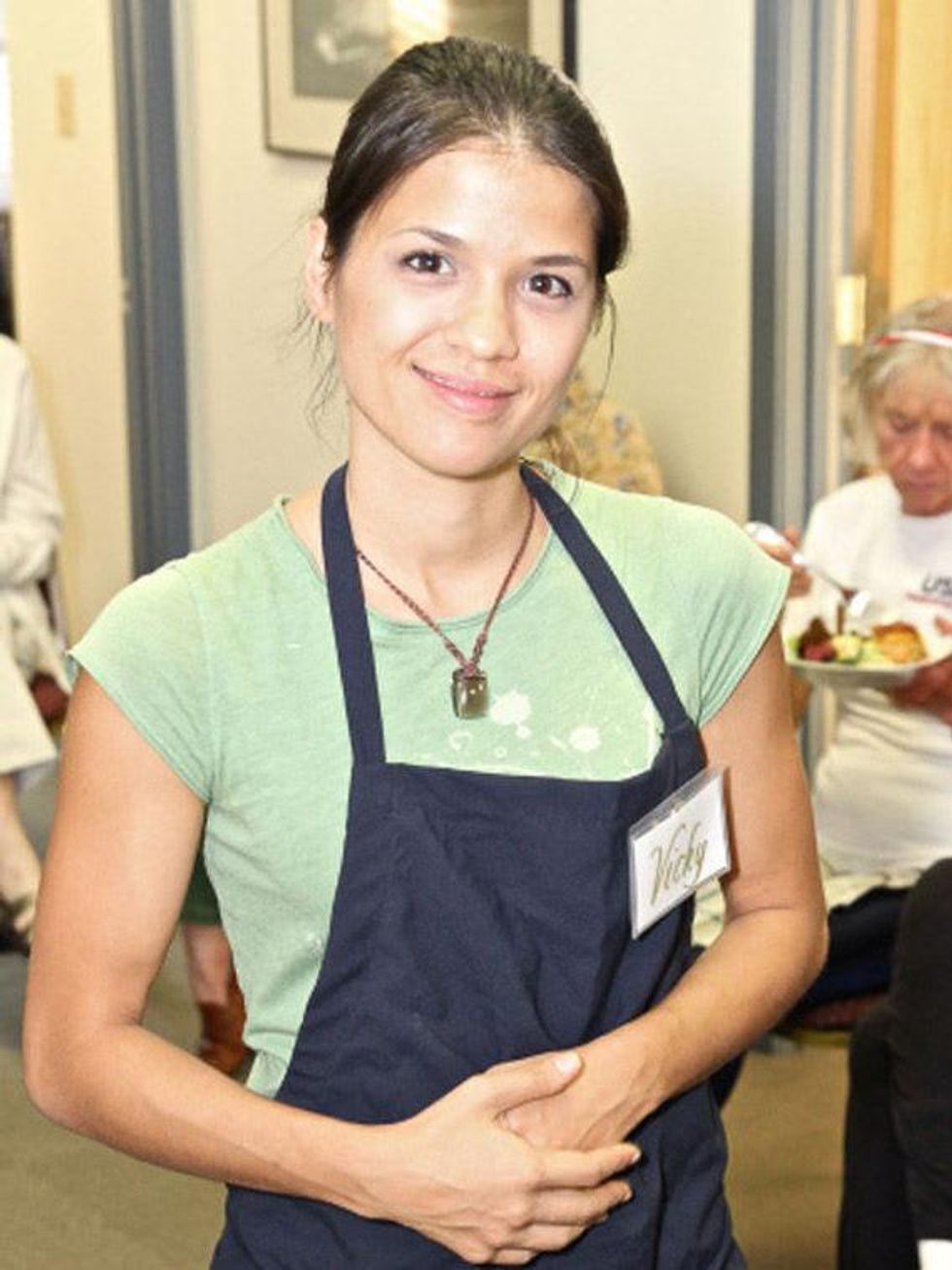 Victoria Moon Erickson, vegan blogger, January 2013, wearing apron