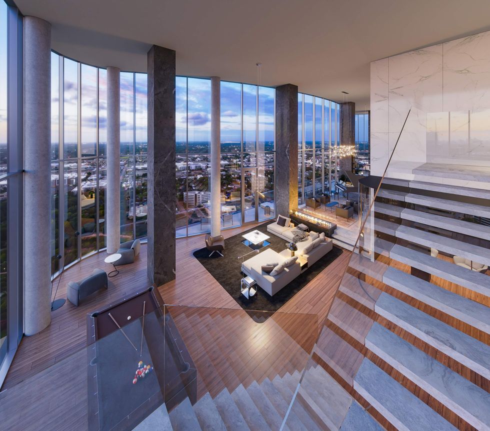 View from the second story of a penthouse in The Residences at The Allen, looking into the living room