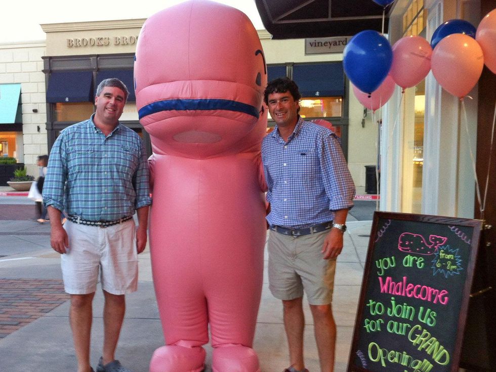 Vineyard Vines store in The Woodlands October 2013 two men with pink mascot whale