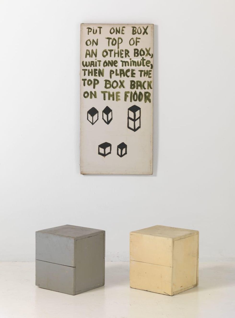 Walter De Maria: Boxes for Meaningless Work Put One Box on Top of Another Box, Wait One Minute, Then Place the Top Box on the Floor, 1961 Menil Collection