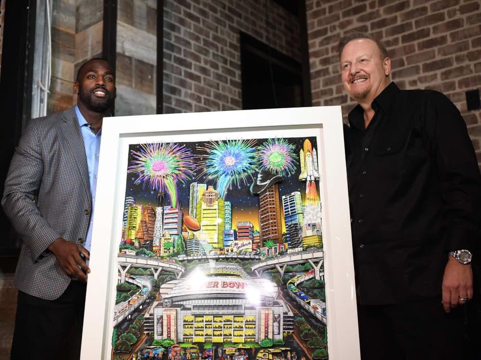 Whitney Mercilus, Charles Fazzino at Bosscat Kitchen Super Bowl party