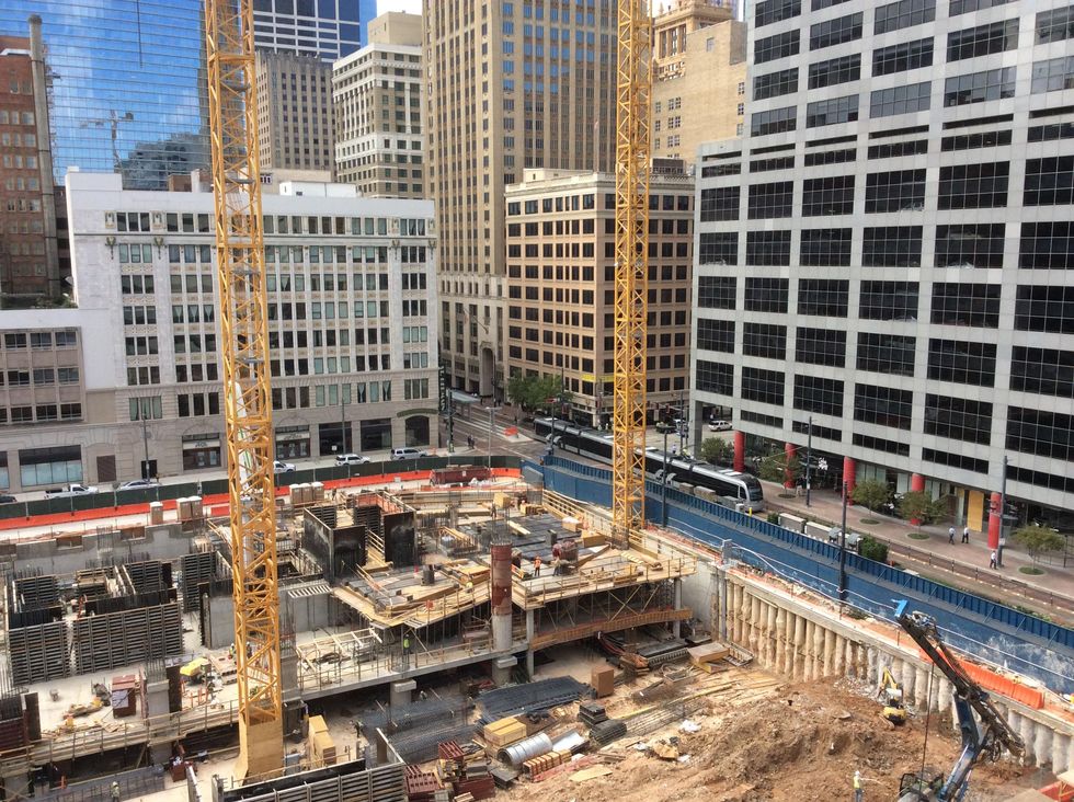 Workmen construct the lower levels of Hines' 48-story tower at Main Street and Texas Avenue October 2014