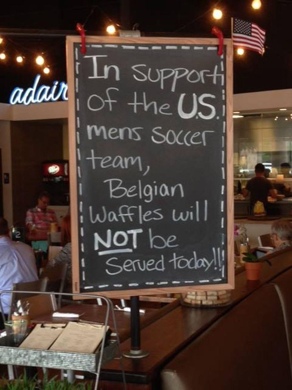 World Cup soccer fever Adair Kitchen sign not serving belgium waffles July 2014